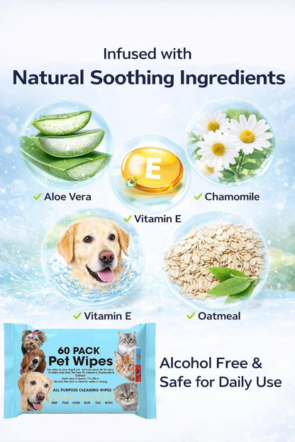 Pet Cleaning Wipes for Dogs and Cats, Alcohol Free Deodorizing Multi-Purpose Cleaning Pet Wipes Pack of 240
