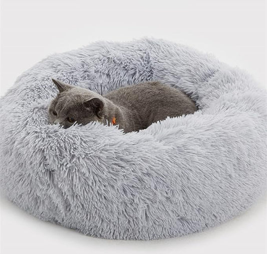 plush donut dog bed calming self warming round pet cushion machine washable grey 50cm UK Happy Furry