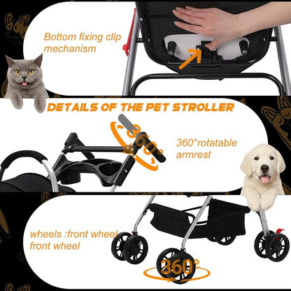 Pet Stroller 3-in-1,Foldable Cat Dog Strollers for Medium Dogs 20KG,Pet Travel Dog Stroller Pushchair with Detachable Carrier Car Seat,Storage Basket,Storage Bag and Food Tray (Black)
