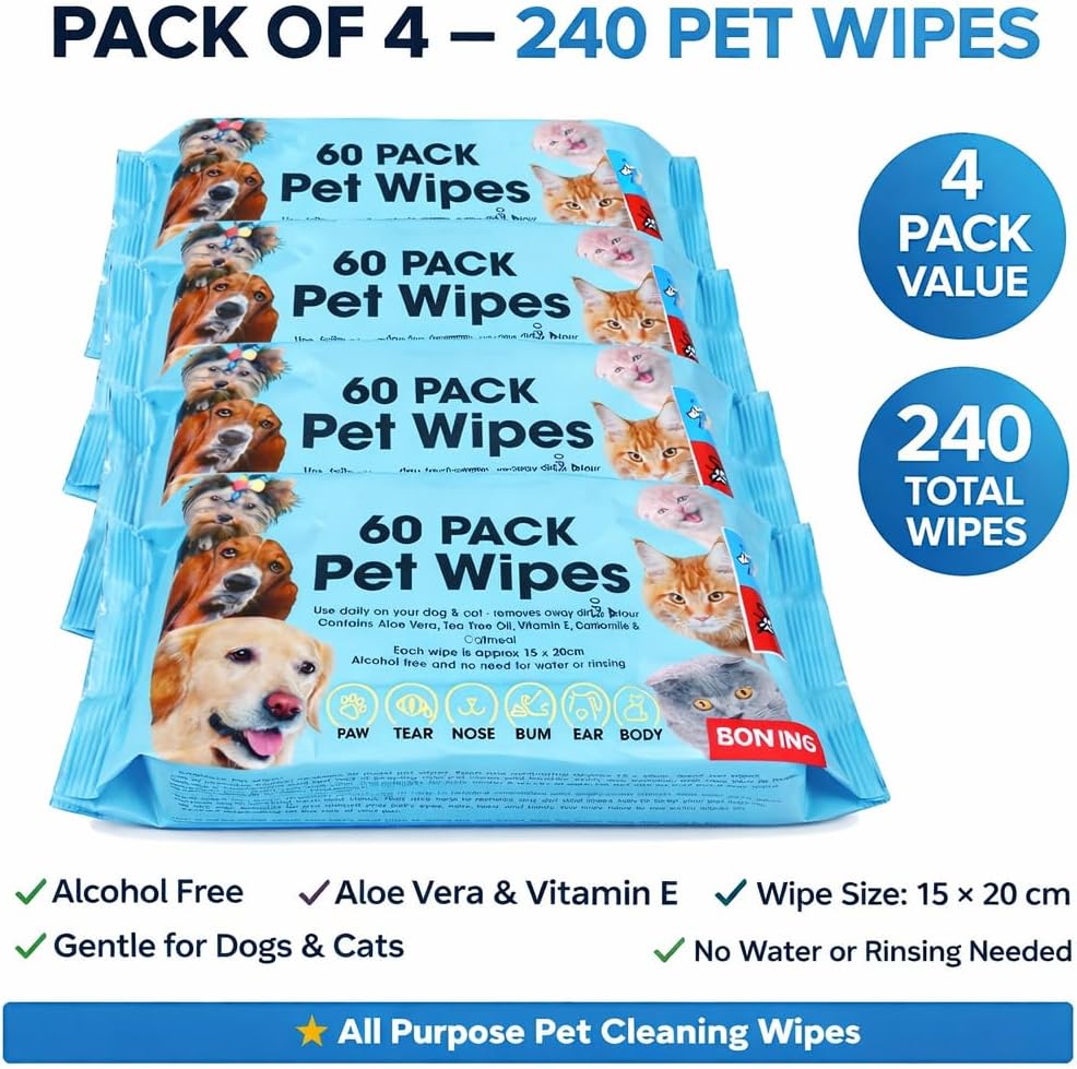 Pet Cleaning Wipes for Dogs and Cats, Alcohol Free Deodorizing Multi-Purpose Cleaning Pet Wipes Pack of 240
