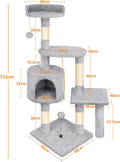 Cat Tree, 112cm Cat Scratching Post for Indoor Cats, Multi-Level Stable Cats Tower with Sisal Scratching Posts, Plush Toy Balls, Cave, Sisal Rope for Kitten Climbing, Playing, Relaxing    | FREE SHIPPING