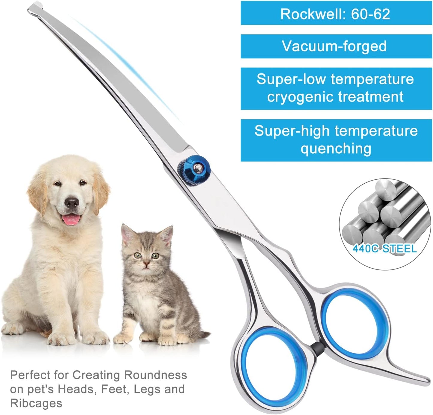 Dog Grooming Scissors with Safety Round Tip, Pet Dog Cat Curved Grooming Shears Scissors, Stainless Steel Pet Grooming Tools (Silver Down Curved Scissor)   | FREE SHIPPING