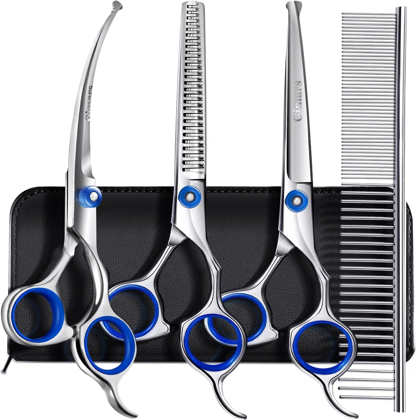 Dog Grooming Scissors Kit Professional 4CR with Safety Round Tip, 5 in 1 Heavy Duty Titanium Coated Thinning & Curved & Straight Shears   | FREE SHIPPING