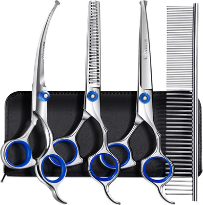 Dog Grooming Scissors Kit Professional 4CR with Safety Round Tip, 5 in 1 Heavy Duty Titanium Coated Thinning & Curved & Straight Shears   | FREE SHIPPING