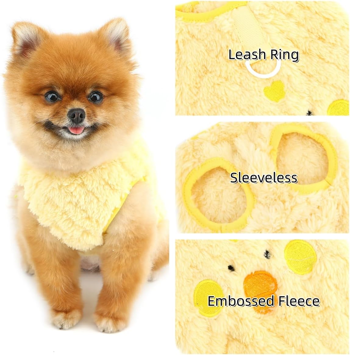 Embossed Fleece Sleeveless Dog Jumper with Lead D-Ring — Yellow