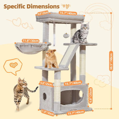 Cat Tree, 98cm Cat Tower for Indoor Cats, Small Cat Tree Suitable for Kittens with Luxurious Cat Condo, Adjustable Basket and Luxurious Perch, Light Gray