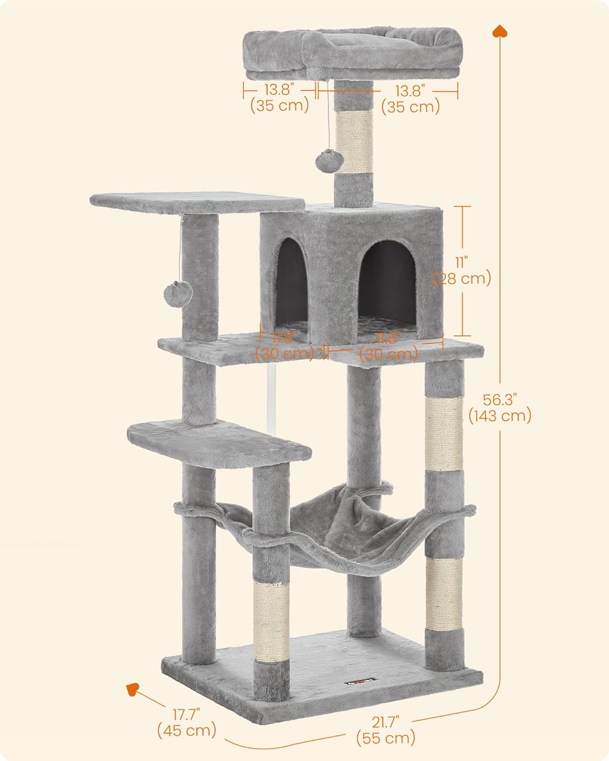 Cat Tree Tower, 143 cm Multi-Level Plush Cat Condo with 4 Scratching Posts, 2 Perches, Cave, Hammock, Pompoms, Light Grey    |  FREE SHIPPING