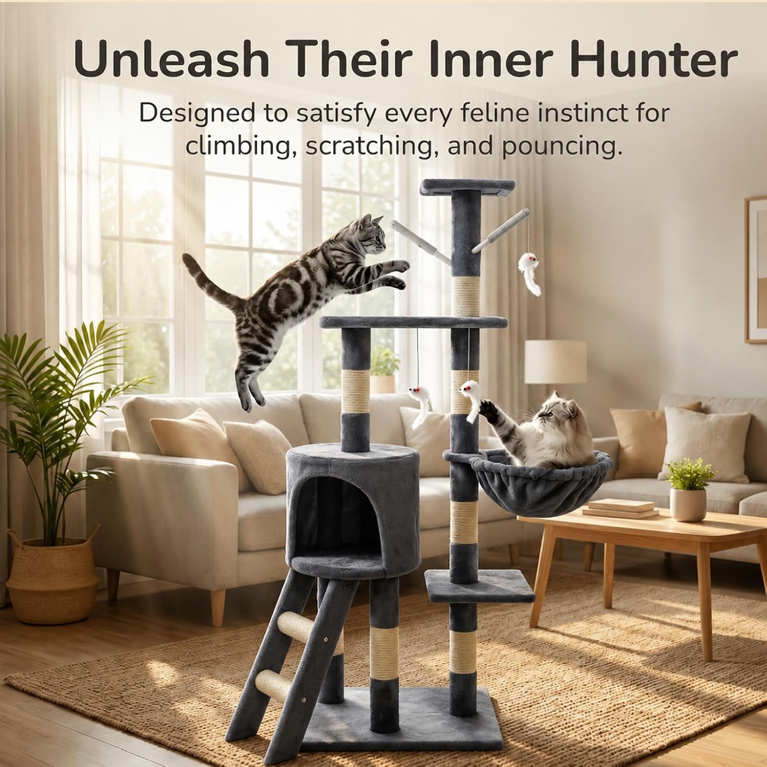 135cm cat tree tower ladder hammock house dark gray UK Happy Furry