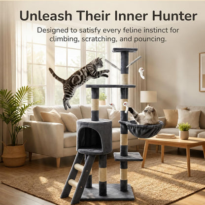 Cat Tree Tower 135cm – Multi-Level Cat Scratching Post with Ladder, Hammock & House – Indoor Kitty Play Activity Furniture for Kittens and Small Cats (Dark Gray)   | FREE SHIPPING
