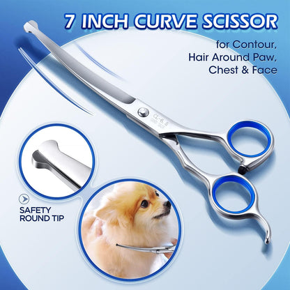 Dog Grooming Scissors Kit Professional 4CR with Safety Round Tip, 5 in 1 Heavy Duty Titanium Coated Thinning & Curved & Straight Shears   | FREE SHIPPING
