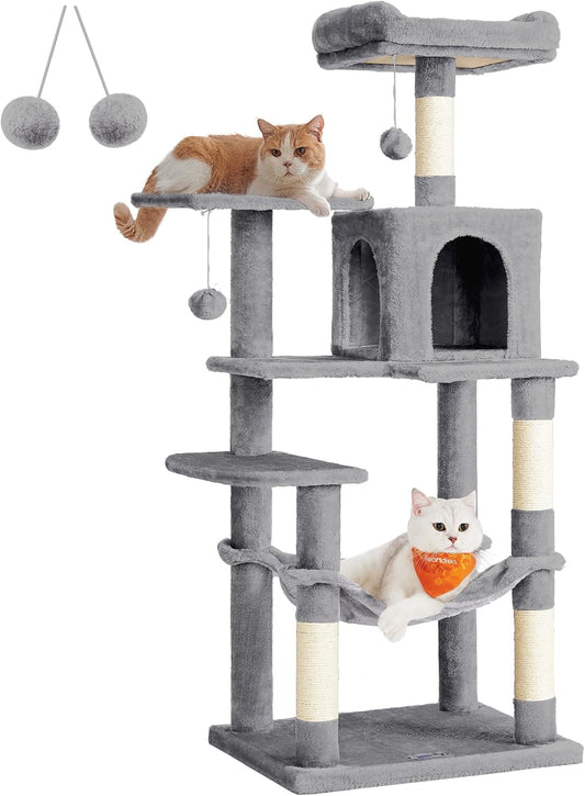 143cm cat tree tower plush condo 4 posts perches cave hammock light grey UK Happy Furry