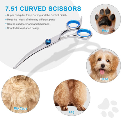 Dog Grooming Scissors with Safety Round Tip, Pet Dog Cat Curved Grooming Shears Scissors, Stainless Steel Pet Grooming Tools (Silver Down Curved Scissor)   | FREE SHIPPING