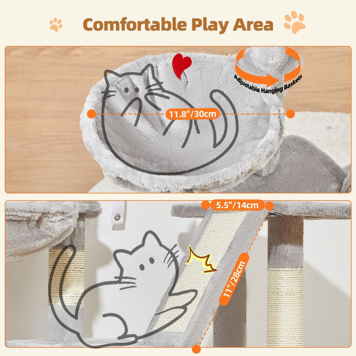 Cat Tree, 98cm Cat Tower for Indoor Cats, Small Cat Tree Suitable for Kittens with Luxurious Cat Condo, Adjustable Basket and Luxurious Perch, Light Gray