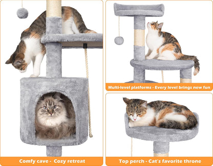 Cat Tree, 112cm Cat Scratching Post for Indoor Cats, Multi-Level Stable Cats Tower with Sisal Scratching Posts, Plush Toy Balls, Cave, Sisal Rope for Kitten Climbing, Playing, Relaxing    | FREE SHIPPING