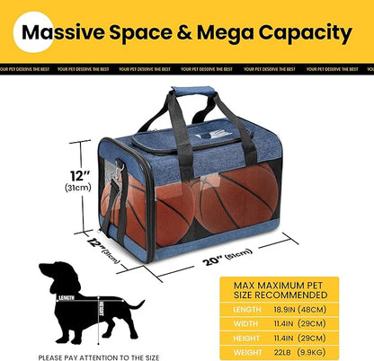 Dog Carrier Soft Sided, Large Cat Carrier with Inner Safety Leash, Pet Transport Carrier for Large Cats and Medium Dogs up to 10 KG, Collapsible Travel Puppy Carrier Bag -Blue, L