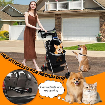 Pet Stroller 3-in-1,Foldable Cat Dog Strollers for Medium Dogs 20KG,Pet Travel Dog Stroller Pushchair with Detachable Carrier Car Seat,Storage Basket,Storage Bag and Food Tray (Black)