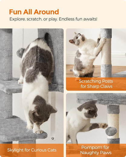 Cat Tree Tower, 143 cm Multi-Level Plush Cat Condo with 4 Scratching Posts, 2 Perches, Cave, Hammock, Pompoms, Light Grey    |  FREE SHIPPING