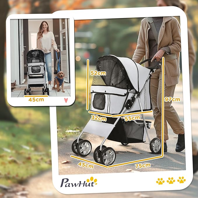 Pet Stroller for Small Dogs Cats Foldable Travel Carriage with Wheels Zipper Entry Cup Holder Storage Basket
