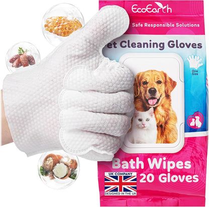 Pet Cleaning Gloves for Dogs & Cats - 1 Bag of 20 Pcs - Disposable Glove Wipes for Bathing, Deodorising & Grooming - Dog Bath Mitts for Paws, Fur, Face & Butt - Hypoallergenic + Lick Safe   | FREE SHIPPING