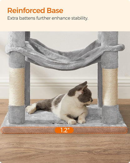 Cat Tree Tower, 143 cm Multi-Level Plush Cat Condo with 4 Scratching Posts, 2 Perches, Cave, Hammock, Pompoms, Light Grey    |  FREE SHIPPING