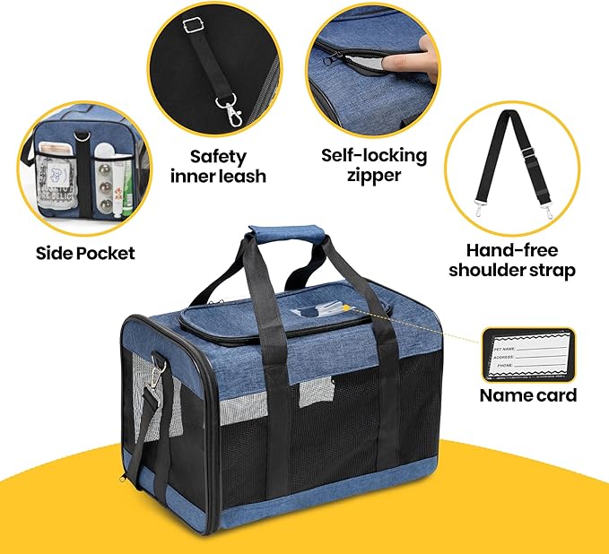 Dog Carrier Soft Sided, Large Cat Carrier with Inner Safety Leash, Pet Transport Carrier for Large Cats and Medium Dogs up to 10 KG, Collapsible Travel Puppy Carrier Bag -Blue, L