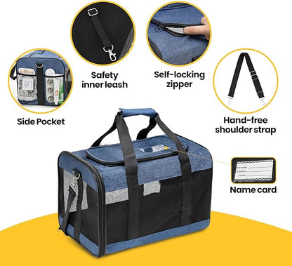 Dog Carrier Soft Sided, Large Cat Carrier with Inner Safety Leash, Pet Transport Carrier for Large Cats and Medium Dogs up to 10 KG, Collapsible Travel Puppy Carrier Bag -Blue, L