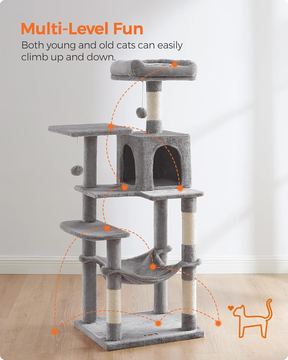 Cat Tree Tower, 143 cm Multi-Level Plush Cat Condo with 4 Scratching Posts, 2 Perches, Cave, Hammock, Pompoms, Light Grey    |  FREE SHIPPING