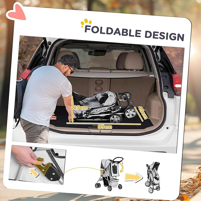 Pet Stroller for Small Dogs Cats Foldable Travel Carriage with Wheels Zipper Entry Cup Holder Storage Basket