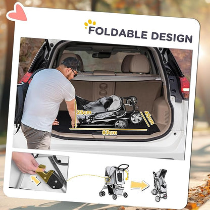 Pet Stroller for Small Dogs Cats Foldable Travel Carriage with Wheels Zipper Entry Cup Holder Storage Basket