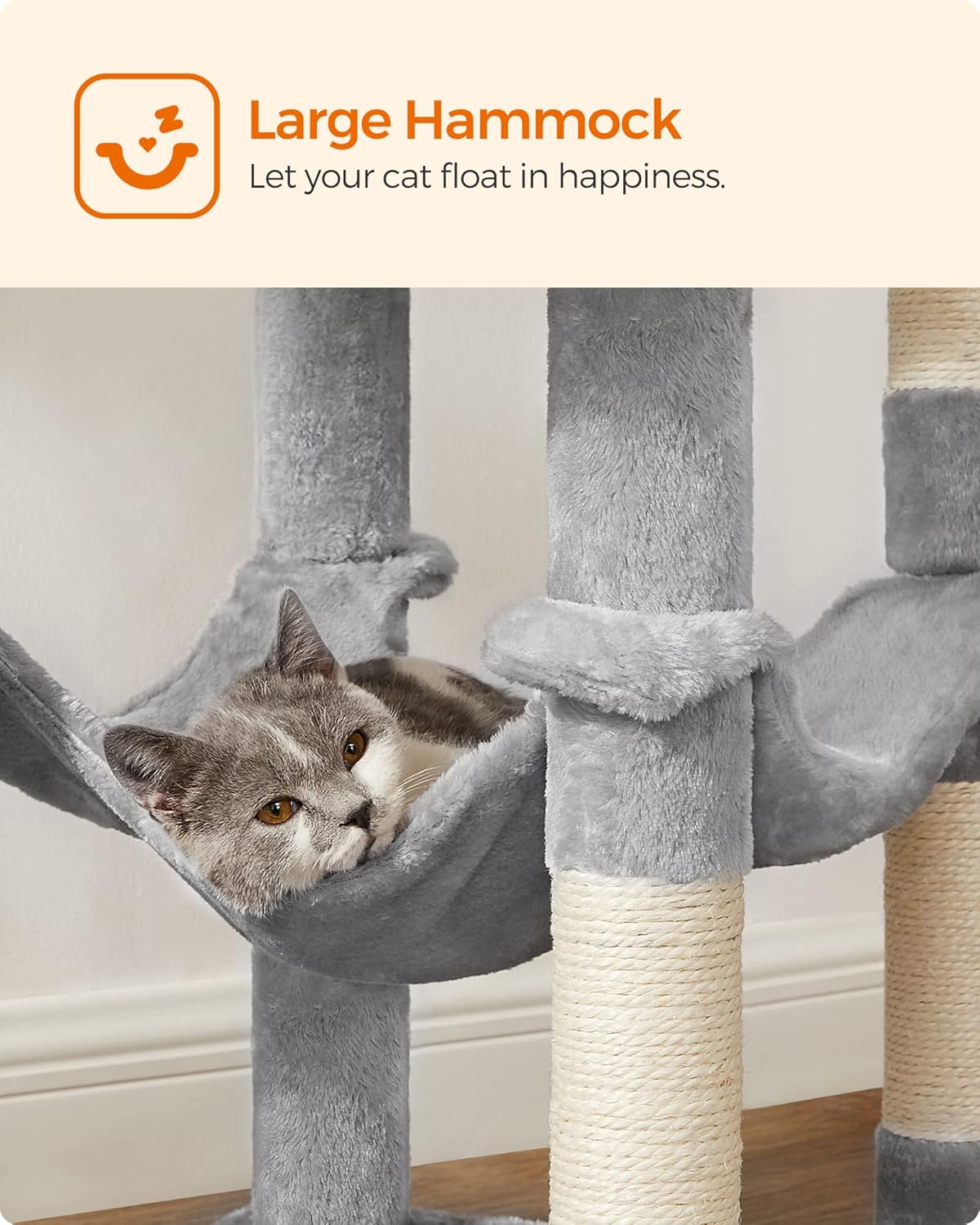 Cat Tree Tower, 143 cm Multi-Level Plush Cat Condo with 4 Scratching Posts, 2 Perches, Cave, Hammock, Pompoms, Light Grey    |  FREE SHIPPING