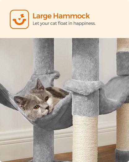Cat Tree Tower, 143 cm Multi-Level Plush Cat Condo with 4 Scratching Posts, 2 Perches, Cave, Hammock, Pompoms, Light Grey    |  FREE SHIPPING