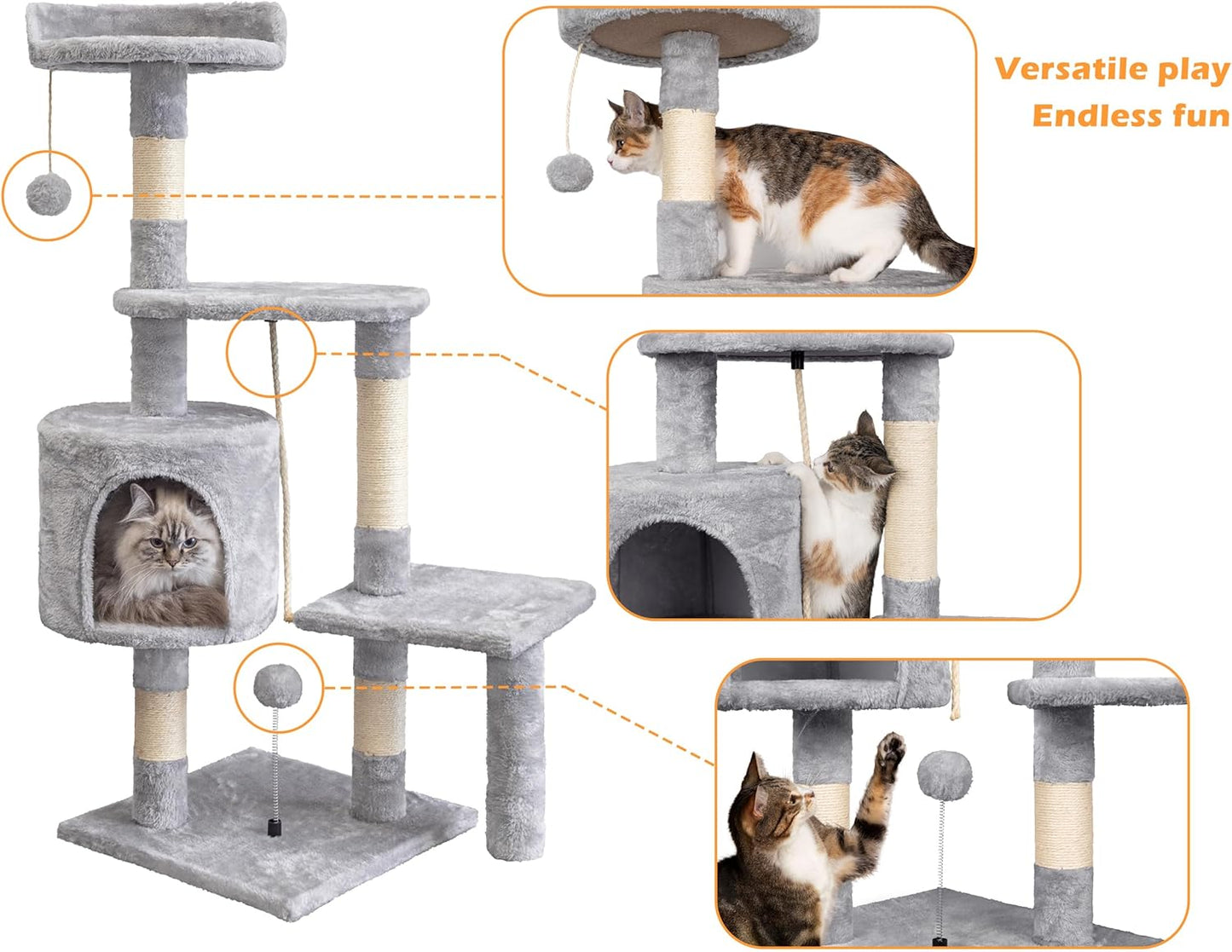 Cat Tree, 112cm Cat Scratching Post for Indoor Cats, Multi-Level Stable Cats Tower with Sisal Scratching Posts, Plush Toy Balls, Cave, Sisal Rope for Kitten Climbing, Playing, Relaxing    | FREE SHIPPING