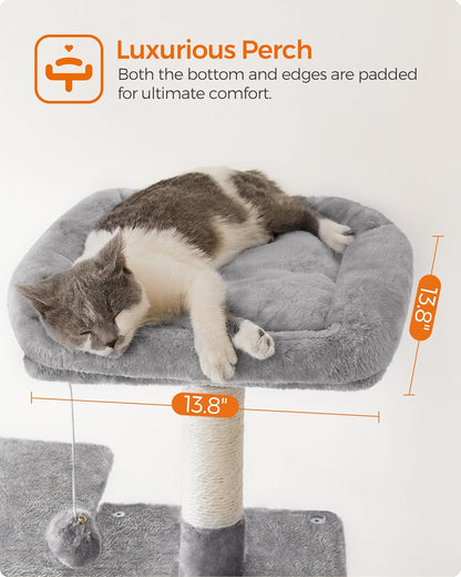 Cat Tree Tower, 143 cm Multi-Level Plush Cat Condo with 4 Scratching Posts, 2 Perches, Cave, Hammock, Pompoms, Light Grey    |  FREE SHIPPING