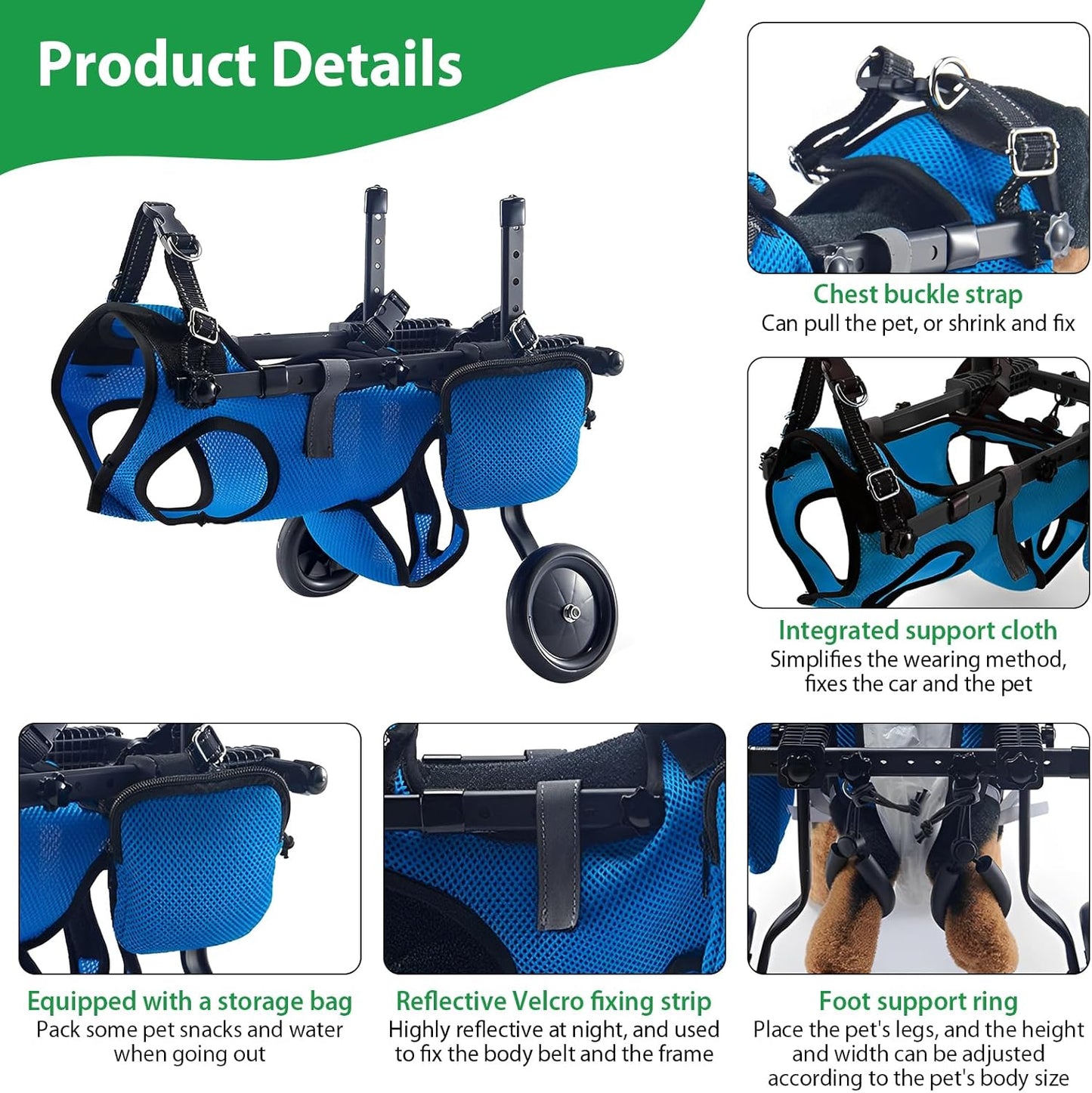 Dog Wheelchair for Back Legs, Adjustable Dog Wheelchair, Rehabilitation 2 Wheels Dog Cart Wheels, Assist Pets with Paralyzed Hind Limbs to Recover Walking, Equipped with Storage Bag and Traction Rope