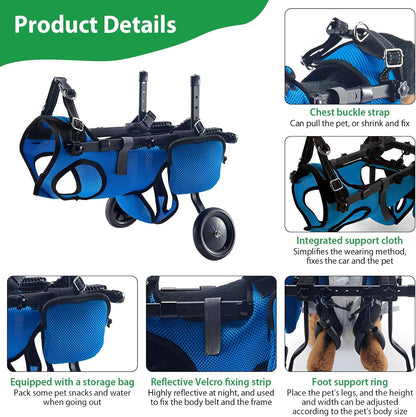 Dog Wheelchair for Back Legs, Adjustable Dog Wheelchair, Rehabilitation 2 Wheels Dog Cart Wheels, Assist Pets with Paralyzed Hind Limbs to Recover Walking, Equipped with Storage Bag and Traction Rope