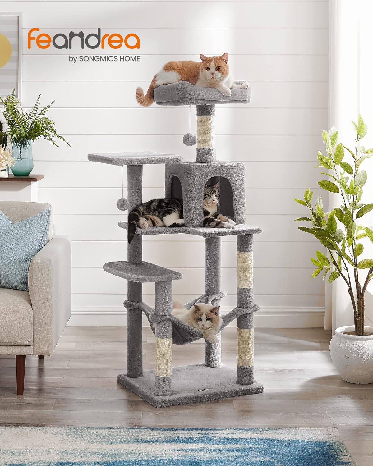 Cat Tree Tower, 143 cm Multi-Level Plush Cat Condo with 4 Scratching Posts, 2 Perches, Cave, Hammock, Pompoms, Light Grey    |  FREE SHIPPING