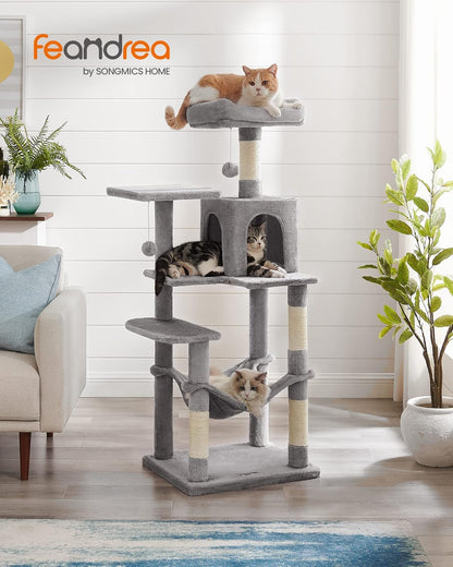 Cat Tree Tower, 143 cm Multi-Level Plush Cat Condo with 4 Scratching Posts, 2 Perches, Cave, Hammock, Pompoms, Light Grey    |  FREE SHIPPING