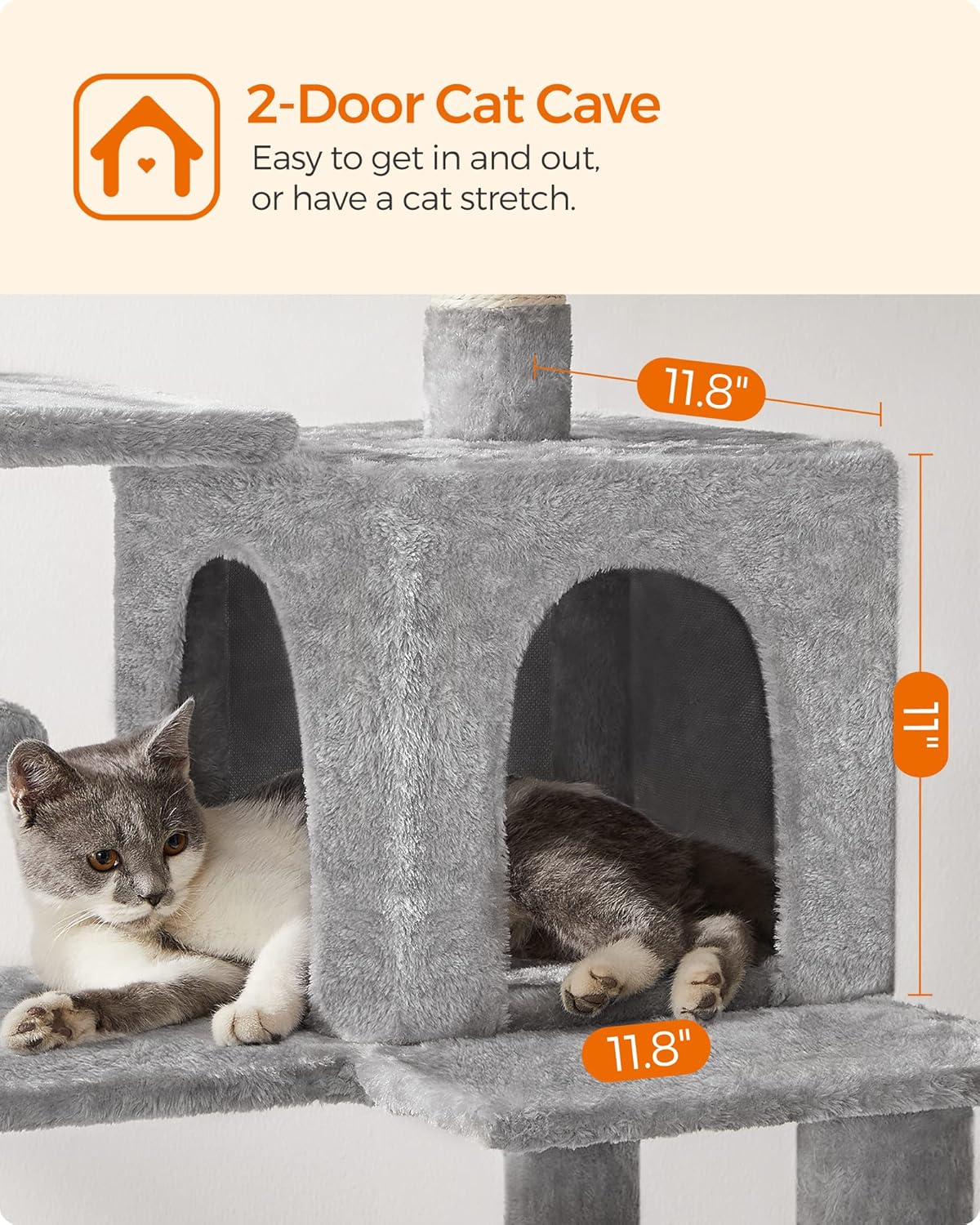 Cat Tree Tower, 143 cm Multi-Level Plush Cat Condo with 4 Scratching Posts, 2 Perches, Cave, Hammock, Pompoms, Light Grey    |  FREE SHIPPING