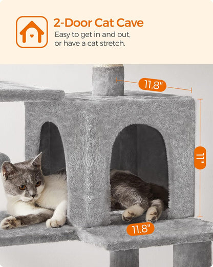 Cat Tree Tower, 143 cm Multi-Level Plush Cat Condo with 4 Scratching Posts, 2 Perches, Cave, Hammock, Pompoms, Light Grey    |  FREE SHIPPING