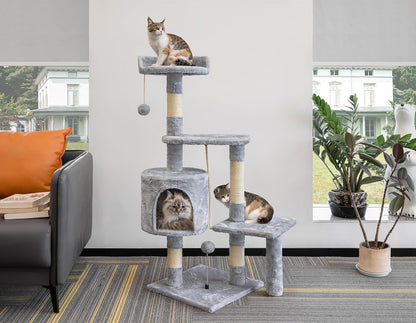Cat Tree, 112cm Cat Scratching Post for Indoor Cats, Multi-Level Stable Cats Tower with Sisal Scratching Posts, Plush Toy Balls, Cave, Sisal Rope for Kitten Climbing, Playing, Relaxing    | FREE SHIPPING