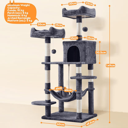 150cm Large Cat Tree Tower Cat Scratching Posts with Condos/Hammock Kitten Climbing Tower for Indoor Kittens/Cats, Dark Grey   | FREE SHIPPING