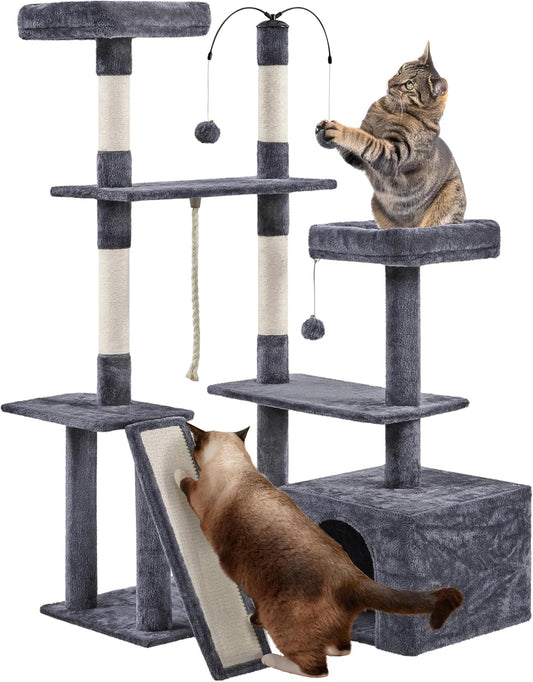 136cm cat tree large sturdy tower plush condo 4 sisal posts dark grey UK Happy Furry