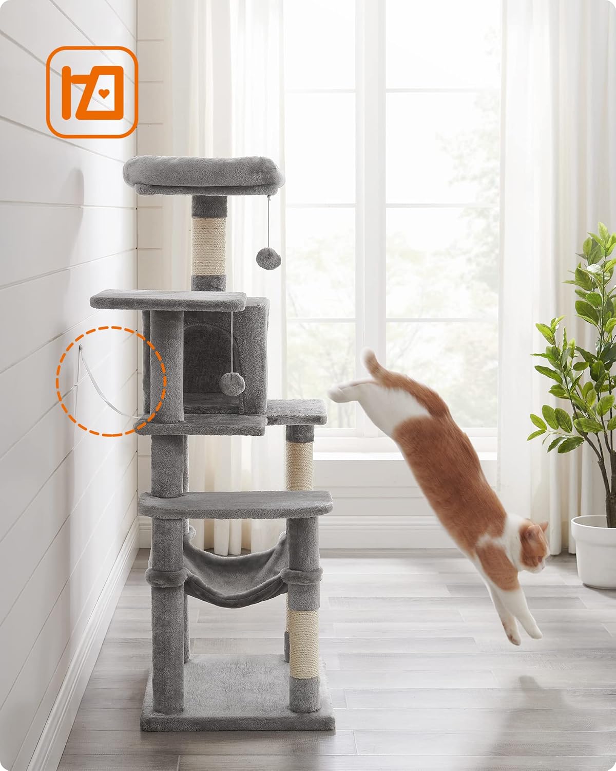 Cat Tree Tower, 143 cm Multi-Level Plush Cat Condo with 4 Scratching Posts, 2 Perches, Cave, Hammock, Pompoms, Light Grey    |  FREE SHIPPING
