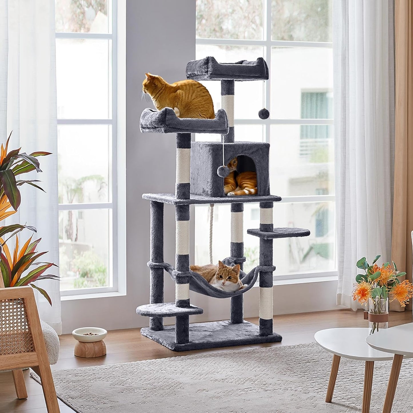 150cm Large Cat Tree Tower Cat Scratching Posts with Condos/Hammock Kitten Climbing Tower for Indoor Kittens/Cats, Dark Grey   | FREE SHIPPING