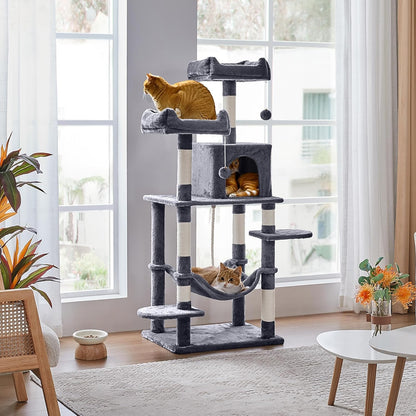 150cm Large Cat Tree Tower Cat Scratching Posts with Condos/Hammock Kitten Climbing Tower for Indoor Kittens/Cats, Dark Grey   | FREE SHIPPING