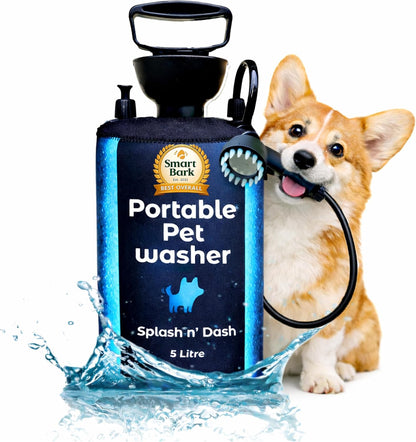 5 litre portable dog shower manual kit brush head neoprene jacket UK Happy Furry