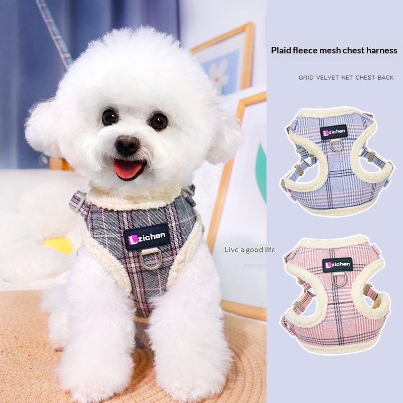 dog leash vest plaid fleece lining warm UK Happy Furry