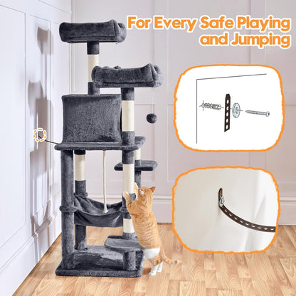 150cm Large Cat Tree Tower Cat Scratching Posts with Condos/Hammock Kitten Climbing Tower for Indoor Kittens/Cats, Dark Grey   | FREE SHIPPING