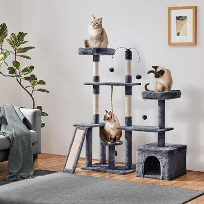 136cm Cat Tree, Large Sturdy Cat Tower with Plush Condo for Indoor Cats, 4 Sisal Posts, Spacious Perches & Dangling Balls, Dark Grey   | FREE SHIPPING