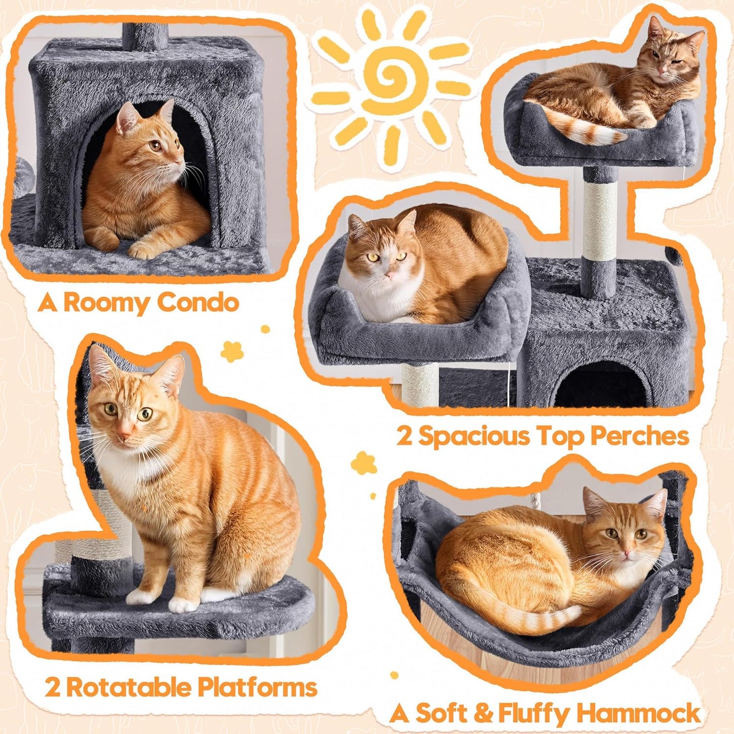 150cm Large Cat Tree Tower Cat Scratching Posts with Condos/Hammock Kitten Climbing Tower for Indoor Kittens/Cats, Dark Grey   | FREE SHIPPING
